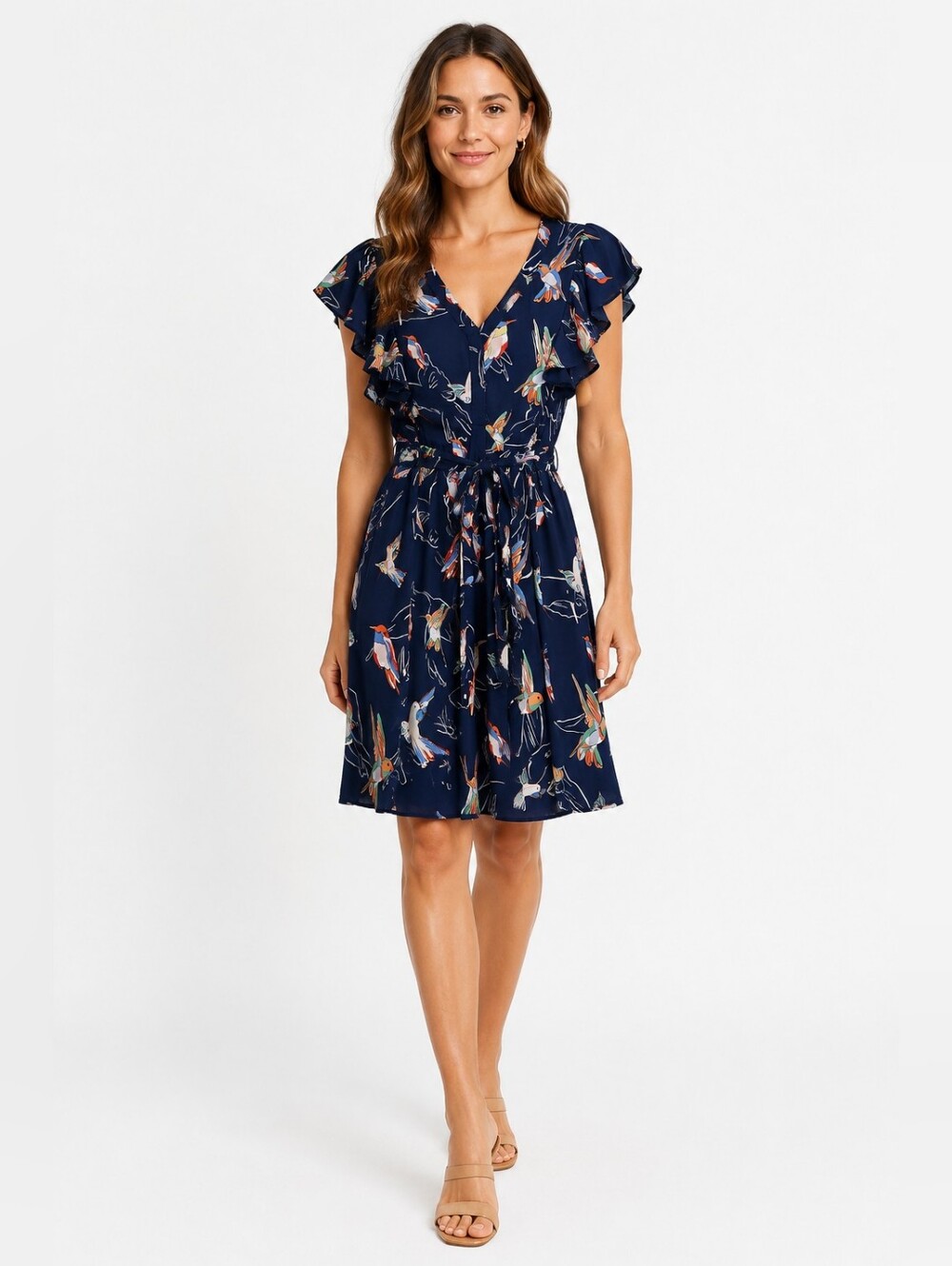 DR2 Navy Print Ruffle Sleeve Mini Dress, Small